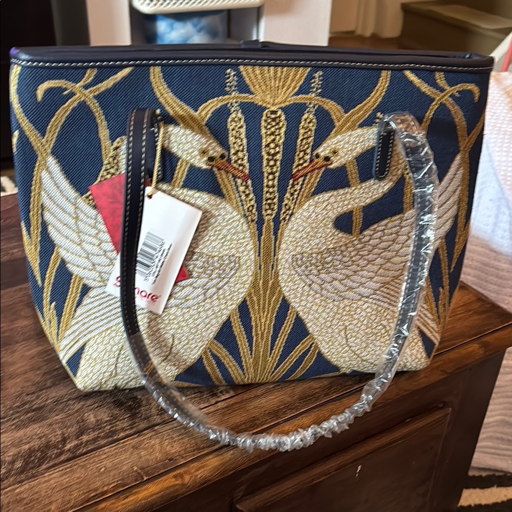 Sale! Elegant Blue and Gold Swan Embroidered Handbag
